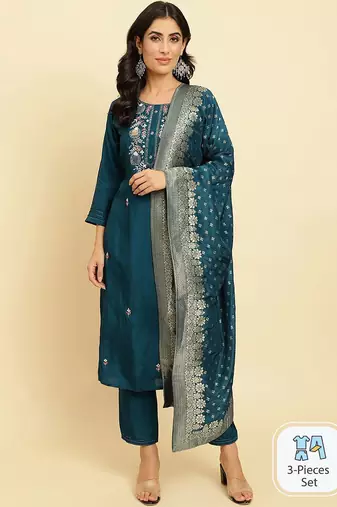 Floral Embroidered Beads & Stones Kurta With Trousers & Dupatta