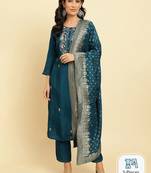 Floral Embroidered Beads & Stones Kurta With Trousers & Dupatta