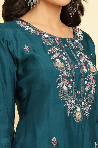 Floral Embroidered Beads & Stones Kurta With Trousers & Dupatta