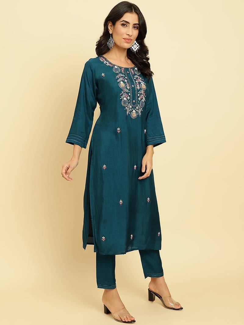Floral Embroidered Beads & Stones Kurta With Trousers & Dupatta