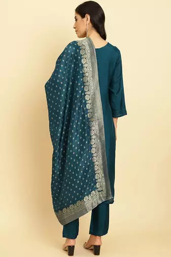 Floral Embroidered Beads & Stones Kurta With Trousers & Dupatta