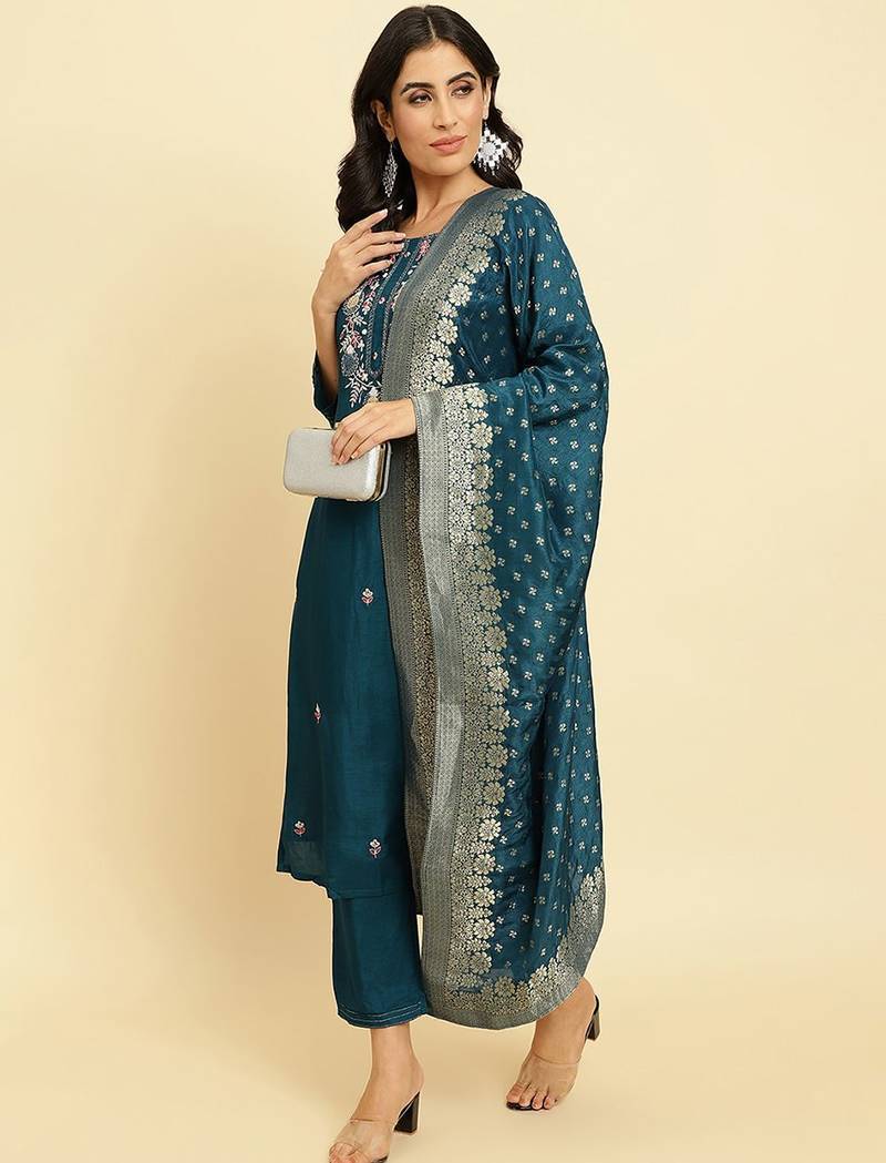 Floral Embroidered Beads & Stones Kurta With Trousers & Dupatta