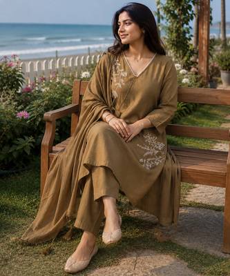 brown embroidered linen angrakha suit set 2