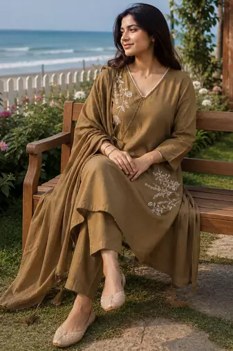 brown embroidered linen angrakha suit set