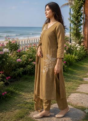 brown embroidered linen angrakha suit set 3