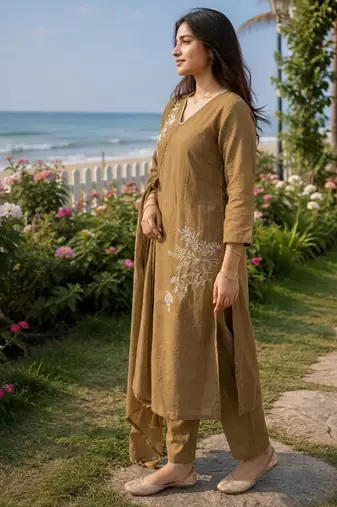 brown embroidered linen angrakha suit set