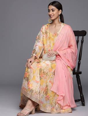 Floral Printed Empire Sequinned Kurta with Trousers & With Dupatta 2
