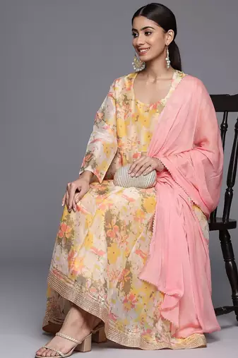 Floral Printed Empire Sequinned Kurta with Trousers & With Dupatta