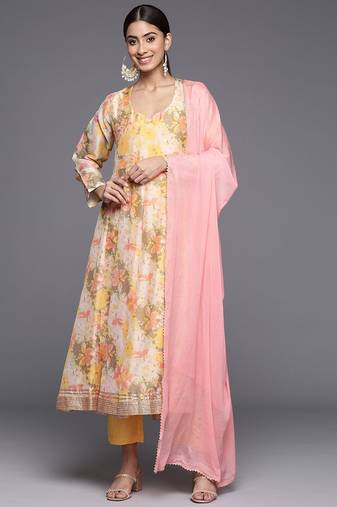 Floral Printed Empire Sequinned Kurta with Trousers & With Dupatta