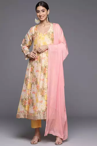 Floral Printed Empire Sequinned Kurta with Trousers & With Dupatta