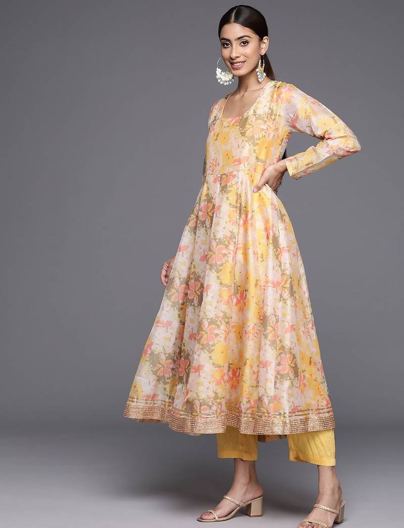 Floral Printed Empire Sequinned Kurta with Trousers & With Dupatta