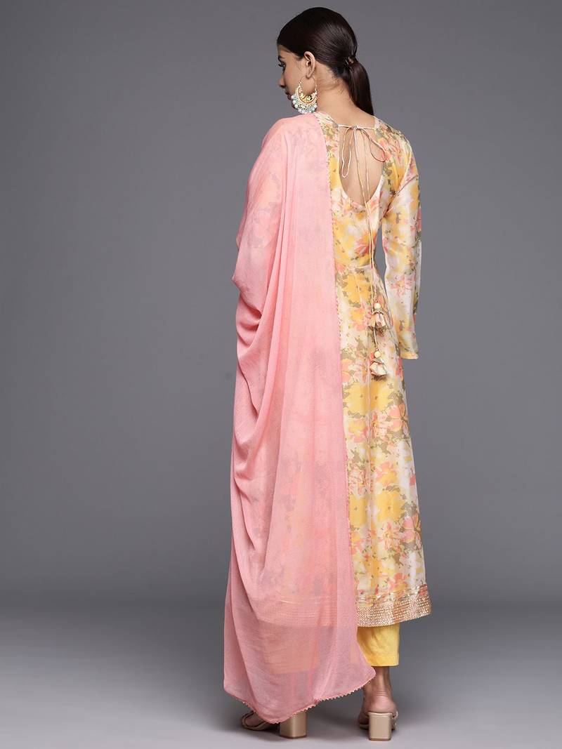 Floral Printed Empire Sequinned Kurta with Trousers & With Dupatta