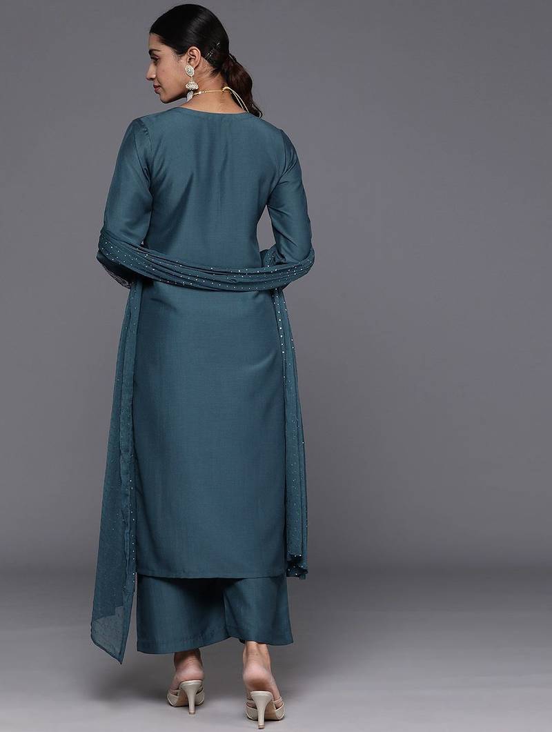 Ethnic Motifs Embroidered Regular Sequinned Kurta with Trousers & Dupatta