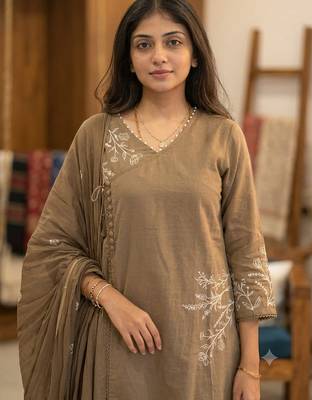 brown embroidered linen angrakha suit set 4