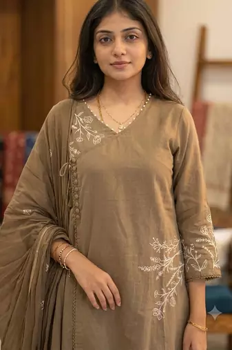 brown embroidered linen angrakha suit set
