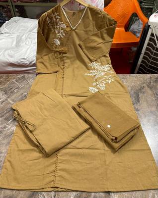 brown embroidered linen angrakha suit set 5
