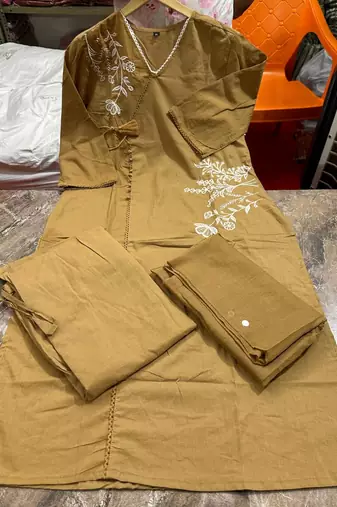 brown embroidered linen angrakha suit set