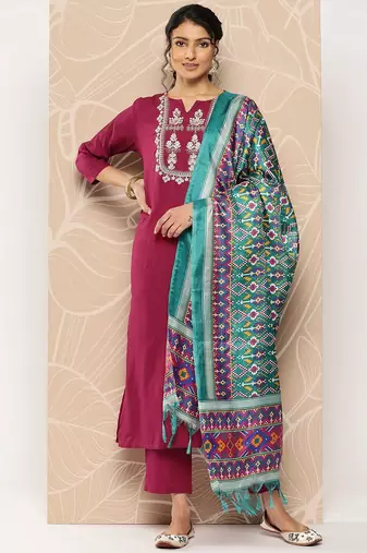 Embroidered Kurta With Trousers & Dupatta