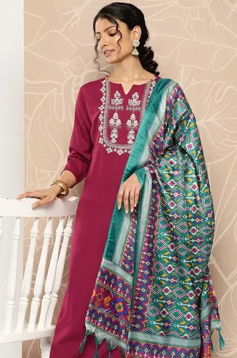 Embroidered Kurta With Trousers & Dupatta