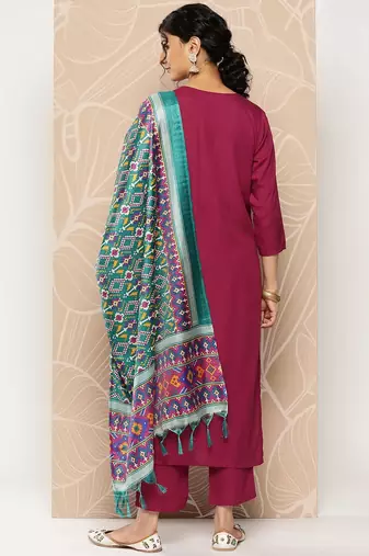 Embroidered Kurta With Trousers & Dupatta