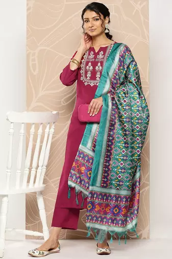 Embroidered Kurta With Trousers & Dupatta
