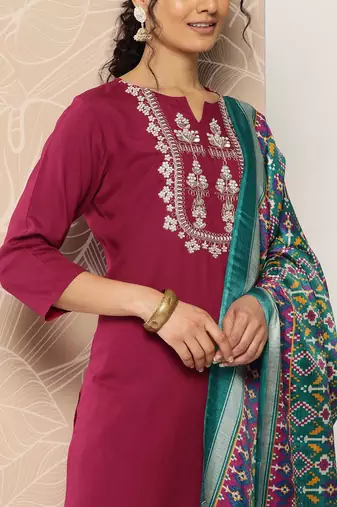 Embroidered Kurta With Trousers & Dupatta
