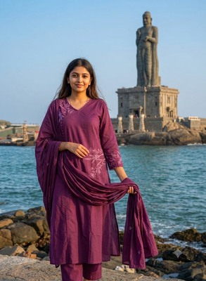 Beautiful jaipuri purple embroidered linen angrakha suit set 1