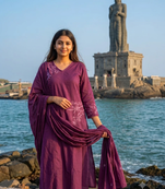 Beautiful jaipuri purple embroidered linen angrakha suit set