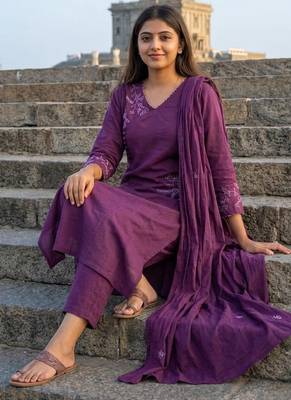 Beautiful jaipuri purple embroidered linen angrakha suit set 2