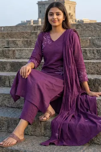 Beautiful jaipuri purple embroidered linen angrakha suit set