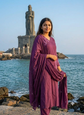 Beautiful jaipuri purple embroidered linen angrakha suit set 3