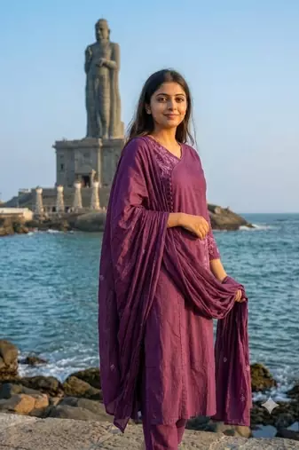 Beautiful jaipuri purple embroidered linen angrakha suit set