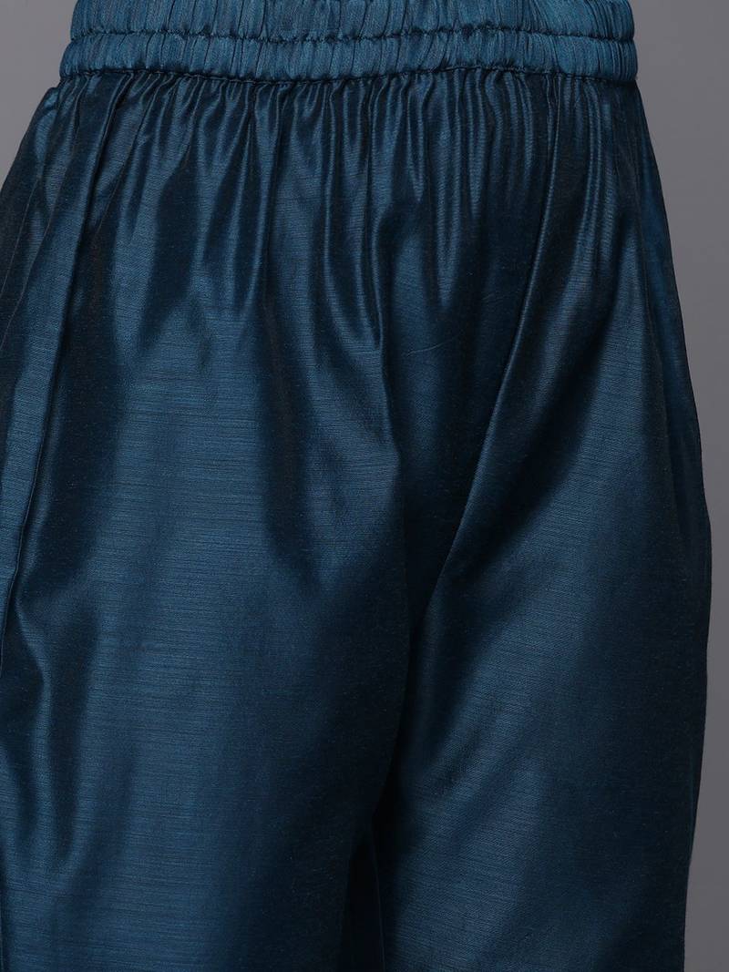 Women Navy Blue Floral Embroidered Thread Work Kurta with Trousers & With Dupatta