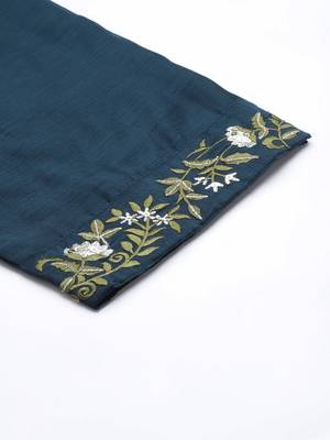 Women Navy Blue Floral Embroidered Thread Work Kurta with Trousers & With Dupatta 9