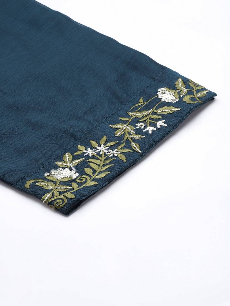 Women Navy Blue Floral Embroidered Thread Work Kurta with Trousers & With Dupatta