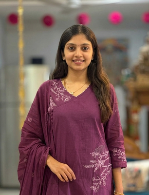 Beautiful jaipuri purple embroidered linen angrakha suit set 4