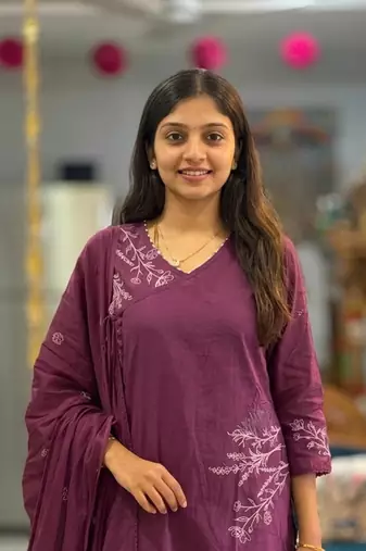 Beautiful jaipuri purple embroidered linen angrakha suit set