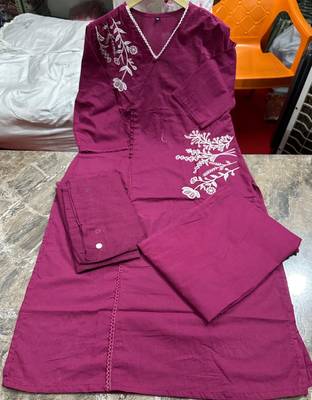 Beautiful jaipuri purple embroidered linen angrakha suit set 5