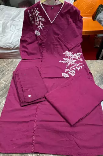 Beautiful jaipuri purple embroidered linen angrakha suit set
