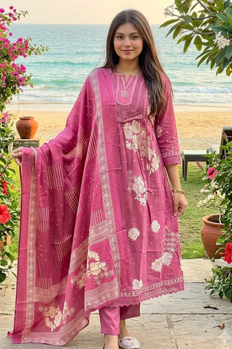 mauve pink floral printed cotton anarkali suit set with dupatta
