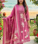 mauve pink floral printed cotton anarkali suit set with dupatta