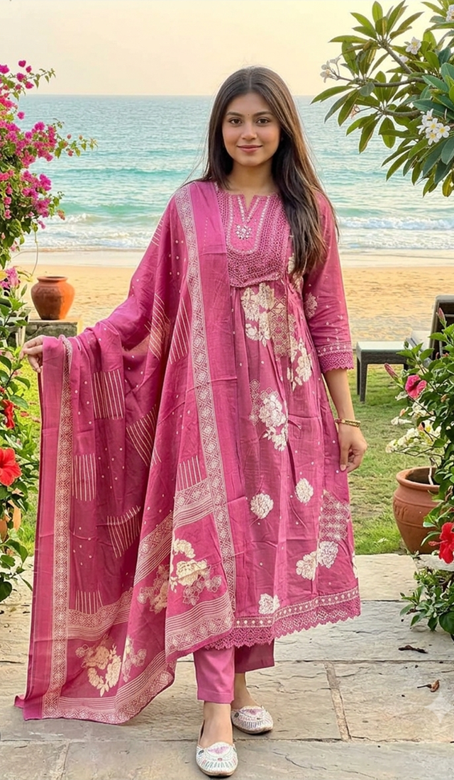 mauve pink floral printed cotton anarkali suit set with dupatta