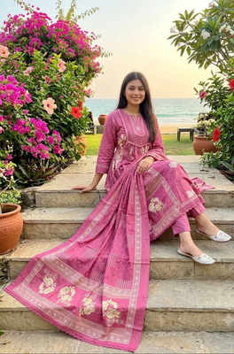 mauve pink floral printed cotton anarkali suit set with dupatta 2