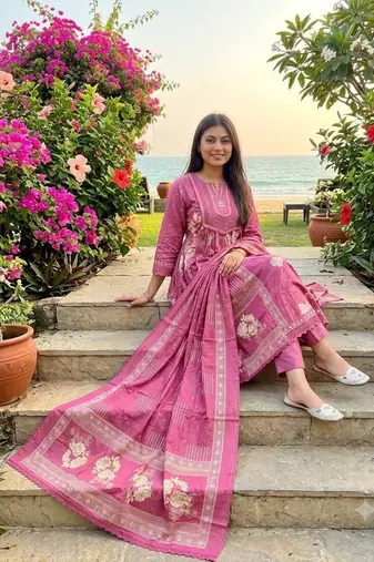 mauve pink floral printed cotton anarkali suit set with dupatta