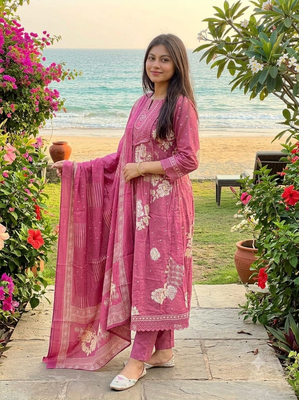 mauve pink floral printed cotton anarkali suit set with dupatta 3