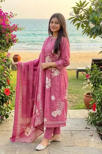 mauve pink floral printed cotton anarkali suit set with dupatta