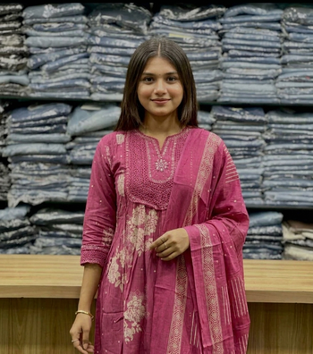 mauve pink floral printed cotton anarkali suit set with dupatta 4
