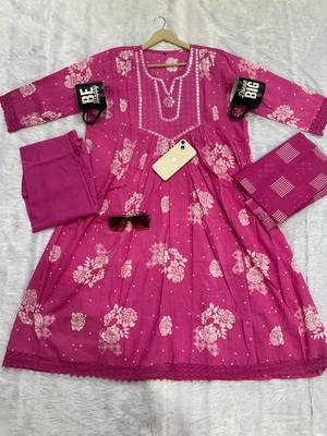 mauve pink floral printed cotton anarkali suit set with dupatta 5