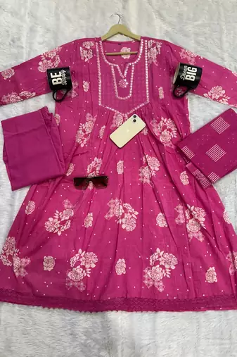 mauve pink floral printed cotton anarkali suit set with dupatta