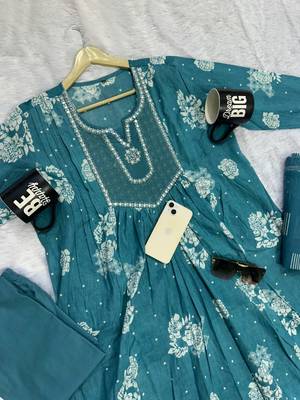 teal blue embroidered cotton anarkali kurta pant with malmal dupatta set 2